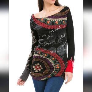 DESIGUAL Long Sleeve Tunic Floral Patch Stitched Top Sz L Black Off The Shoulder